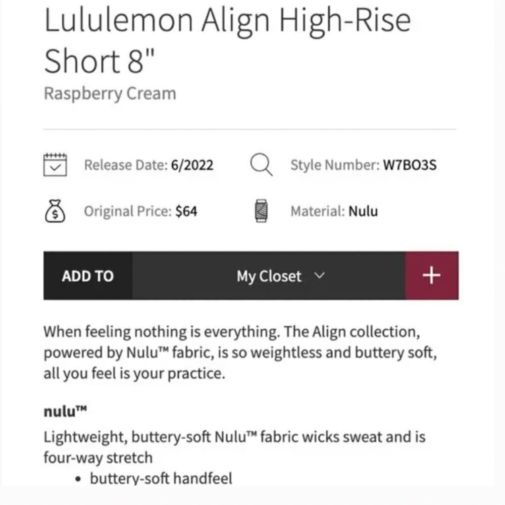 Lululemon Align High Rise Short Raspberry Cream Size 4 NWT - Picture 9 of 9